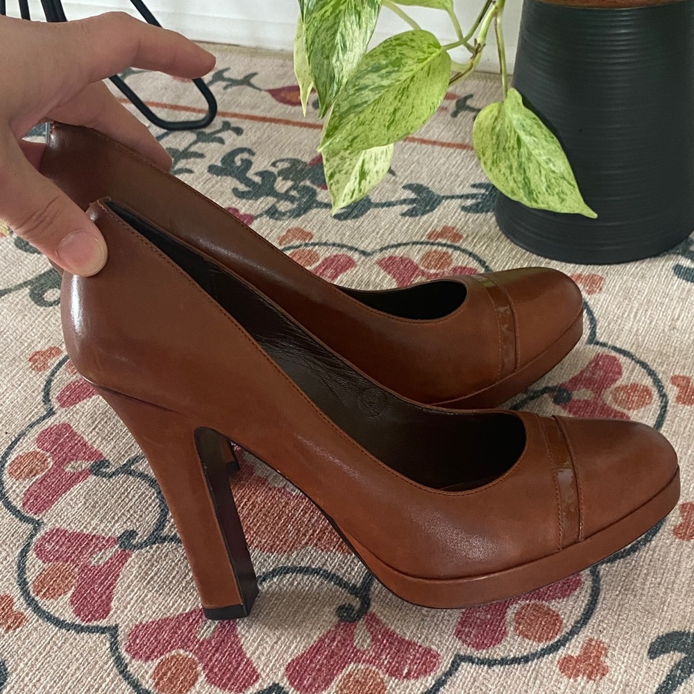 Cole Haan Women's Cognac Brown Leather Round-Toe Heels - Picture 11 of 12